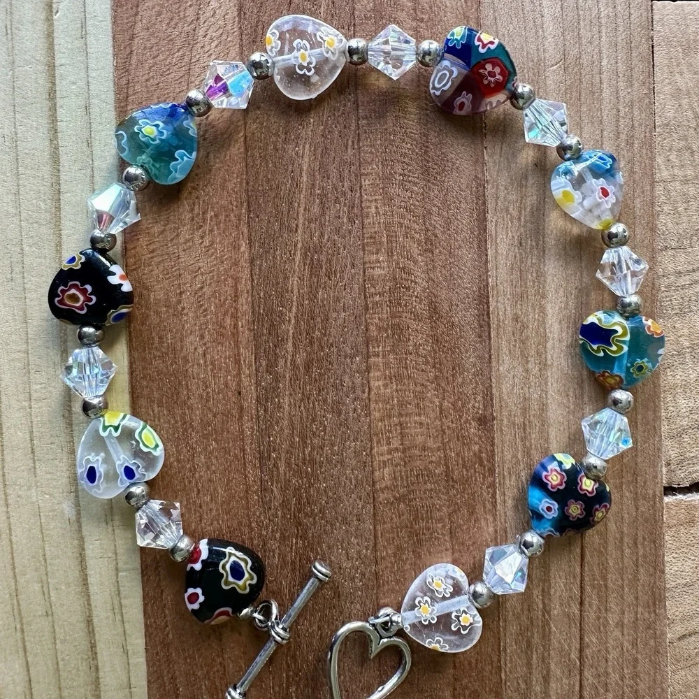 Vintage Heart Bead Bracelet 7.75 Inch Murano Millefiori Glass Crystals Toggle‎